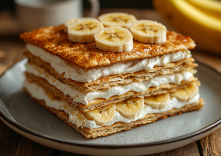 От сладкого не отказываюсь, готовлю диетический наполеон: лаваш, банан, пудинг — и на час в холодильник