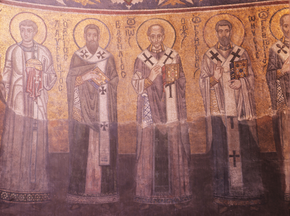 Фрагмент мозаики в алтаре «Святительский чин» с изображением святых архидиакона Лаврентия Римского, Василия Великого, Иоанна Златоуста, Григория Нисского