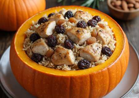 Беру курицу, тыкву и горсть сухофруктов — через час достаю из духовки съедобный горшочек с пловом