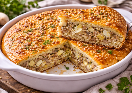 Смешала рис, консервы и жареный лук — вкусный заливной пирог: тесто на майонезе выручает всегда