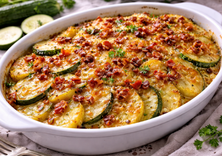 Гратен из кабачков и картошки с хрустящим беконом — сытная запеканка полюбится всем