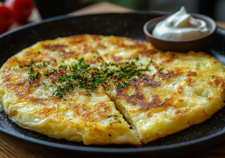 Нарезаю картошку, курицу и лук — заливаю яичной заливкой. Пышная запеканка в сковороде готова