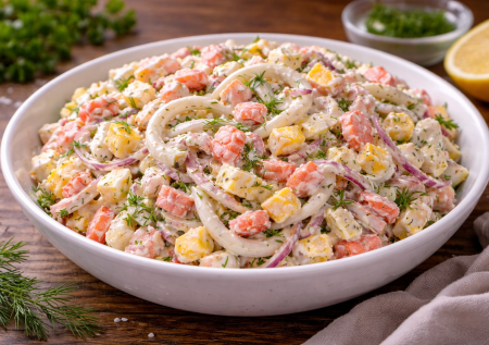 Кальмаров зря боятся, их на минуту в кипяток — и готово: кальмаровый салат с крабовыми палочками — просто гениально вкусный