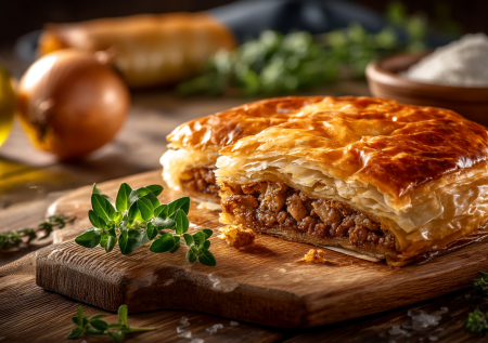 Слоеное тесто и нежная мясная начинка — греческая бугаца, проще не бывает