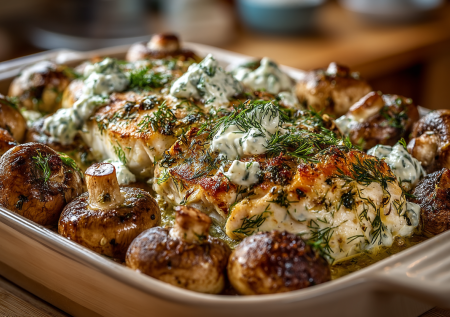 Минтай, запеченный под сметаной с грибами: рецепт, который меняет представление о белой рыбе