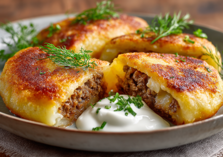 Натрите картофель, сформируйте котлеты с фаршем, обжарьте. Вкусные зразы с соусом к ужину за 20 минут