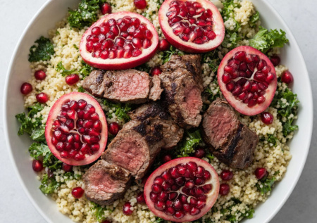 Этот салат попробовала в Ташкенте! С кускусом, гранатом и жареной бараниной. Вкус на миллион