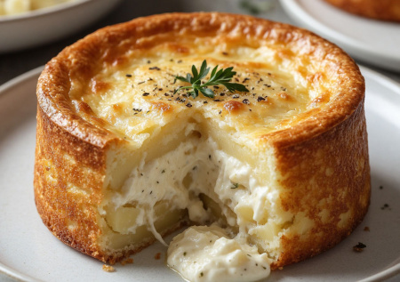 Соединяю тертый картофель, сметану и пармезан — запекаю в форме. Высокое суфле «Золотистая шапка» — теплый ужин за час