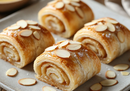 Яблочные дольки, миндальная стружка и ложка меда — выкладываю на тесто. Получаются булочки «Штрудель» — ароматные и нежные