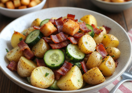 Этот баварский салат обожает даже тот, кто не любит салаты: с теплой картошкой, беконом и хрустящими сухариками. Исчезает со стола мгновенно