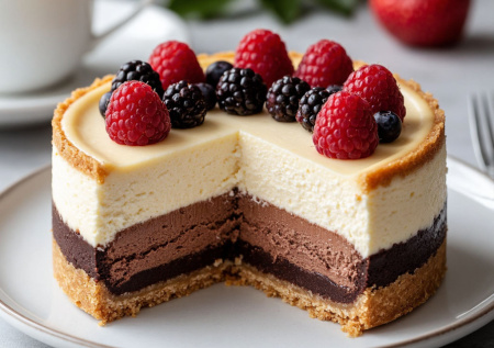 Устали от «Киевского»? Торт «Чизкейк-трио»: три вида начинки на хрустящей основе — ванильная, шоколадная, ягодная