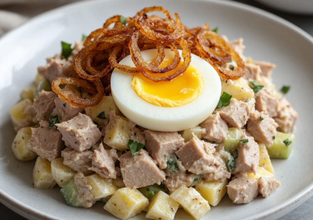 Спасатель для внезапных гостей: салат с тунцом, яйцом и хрустящим луком. Готовится за 10 минут, а съедается за 2