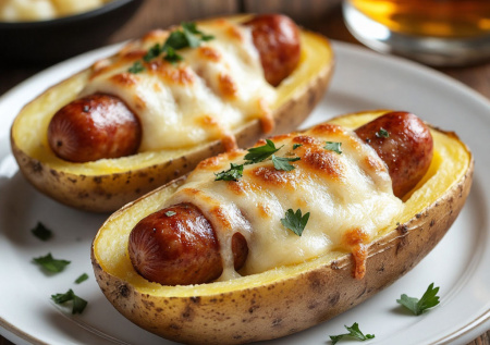 Картофельные лодочки с охотничьими колбасками: запекаю под сырной шапкой — идеальная закуска к пиву