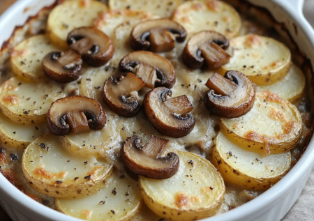Картошка, грибы и луковые кольца — томлю под сливочным соусом. Деревенская запеканка с дымком за час