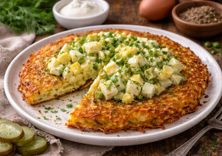 Драники теперь не жарю, делаю один большой и с яичной начинкой: хрустящий снаружи, нежный внутри