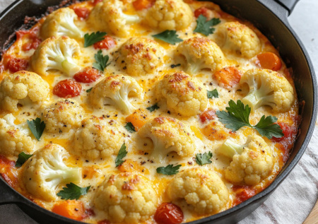 Разбираю на соцветия цветную капусту, заливаю сырным кремом — и в духовку прямо в сковороде. Изысканная запеканка готова