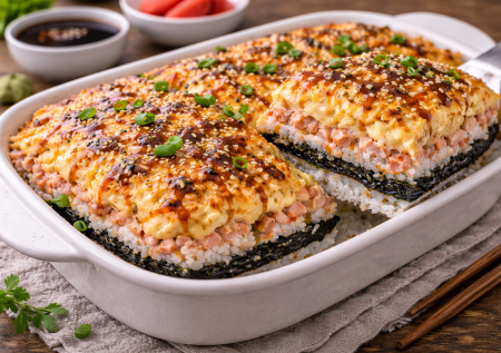 Ленивая суши-запеканка с крабовой шапкой — вкус любимых роллов без доставки и лишних хлопот