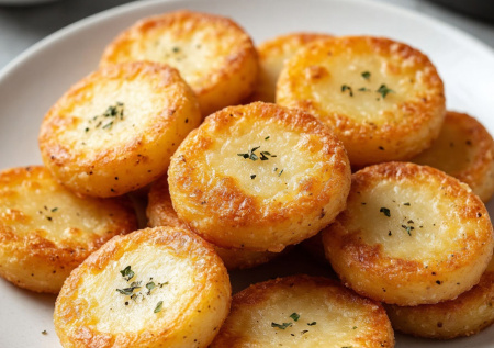 Натрите картофель с сыром и чесноком. Запеките хрустящие «монетки» — и пикантная закуска, и альтернатива гренкам