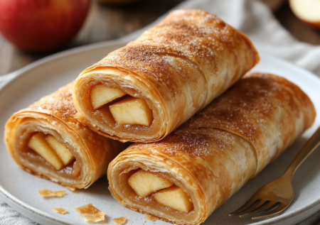 Яблоки, корица и готовое тесто фило — скручиваю в рулетики. Через 20 минут в духовке хрустящее лакомство
