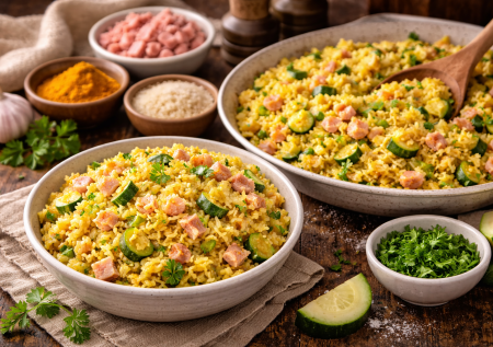 Ароматный рис с кабачками и ветчиной — простой и сытный ужин: все в одной сковороде без хлопот