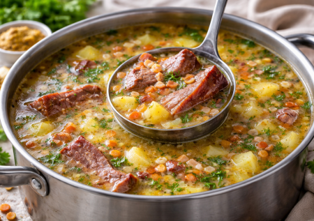 И не надо замачивать и варить часами: гороховый суп с копченостями и секрет разваривания в соде