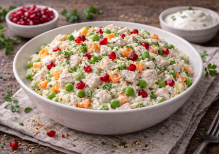 Простой рецепт для похудения: салат «Вкус» с курицей, рисом и овощами. Едим, и килограммы тают