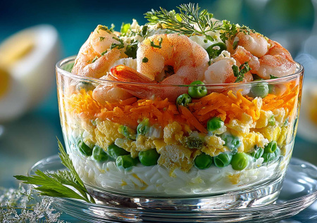 Слоеный салат с креветками: мой фирменный рецепт с рисом и горошком