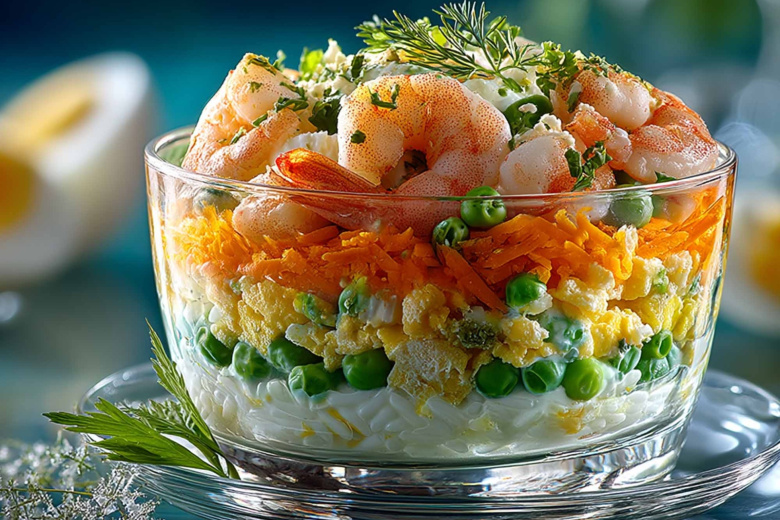 Слоеный салат с креветками: мой фирменный рецепт с рисом и горошком