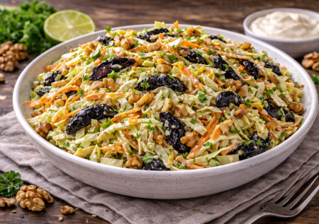 Если сделаете капустный салат так — никто не откажется: витаминный, с черносливом и орехами — свежо, полезно и очень вкусно