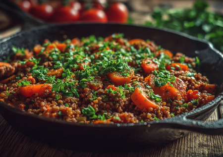 Гречка болоньезе: сытное блюдо за 20 минут! Мясной фарш, томаты, чеснок и готовая гречка. Аромат, как у итальянского соуса