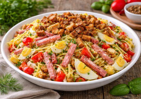 Сварите 3 яйца — и соберете «Сиесту» за 7 минут: красивый, вкусный салат с хрустом