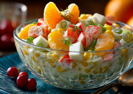 Салат с мандаринами и крабовыми палочками: взрыв свежести! Сладкие дольки, кукуруза, яйца. Необычно, ярко, очень вкусно