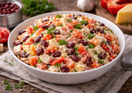 Варить не надо ничего: салат «Выручайка» за 7 минут — с крабовыми палочками и фасолью