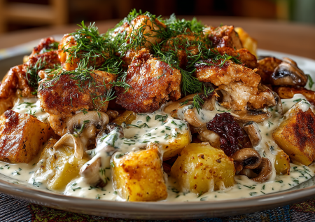 Сметанная картошка с курицей и грибами: горячее, которое не теряет вкус несколько дней