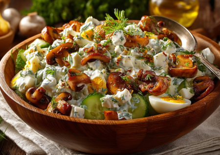 Прекрасный салат на вечер с грибами: все нарезать крупным кубиком и перемешать — получается вкуснота