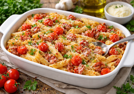 Киньте в форму помидор, бекон и сыр: запеченная подливка для макарон — вкус просто отпад