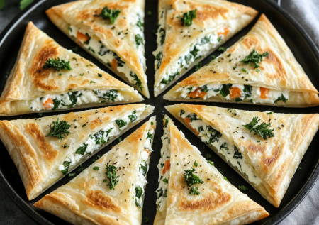 Творог, зелень и ложка сметаны — заворачиваю в лаваш. Минута на сковороде — и полезный завтрак хрустит на тарелке