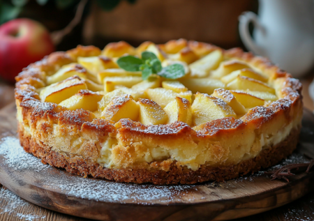 Режу яблоки, взбиваю творог с ванилью — выкладываю слоями. Пирог «Облако»: воздушный, сочный и тает во рту