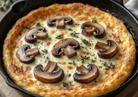 Нарезаю картошку, грибы и лук — заливаю сметаной с яйцом. Ароматная запеканка в сковороде готова