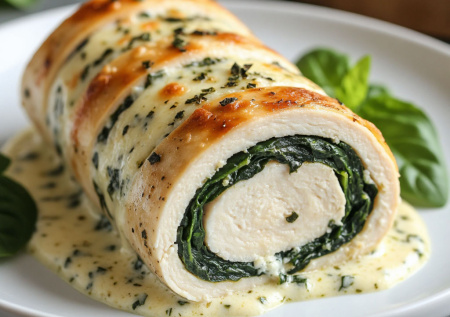 Забудьте про отварную курицу. Это филе в нежной шубке из шпината и сливочного сыра сворачивают в рулет — сочность и вкус гарантированы