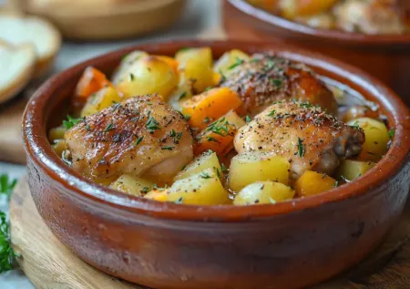 Куриные окорочка, картофельные дольки и лучок — в горшочек под крышку. Готовится само, пахнет — как в детстве у бабушки