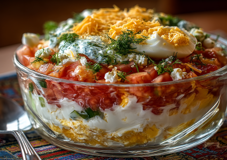 Бесподобный салат с чесночными помидорами: всего три слоя — томаты, яйца и сыр