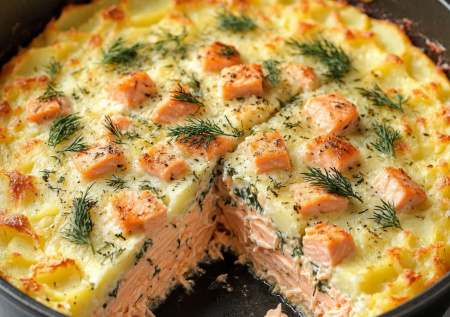 Тертый картофель, консервированный лосось и укроп — через 20 минут уже едим. Быстрый пирог-запеканка прямо в сковороде