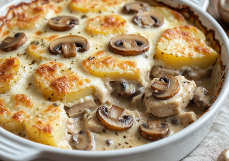 Беру картофель, курицу и грибы — чередую слои. Час в духовке — и запеканка как французский гратен, но сытнее и душевнее