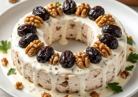 Готовлю не салат, а съедобный венок: слои из индейки, чернослива и грецких орехов в сметанном соусе