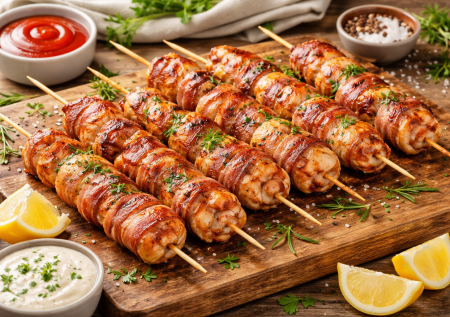Бекон и курочка: сочный куриный шашлык в шубе на шпажках — готовим мигом в духовке
