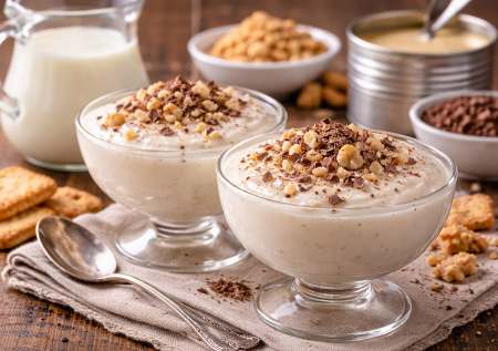 Беру два стакана кефира и наливаю сгущенку — копеечный десерт из столовых 90-х: нежный, как облачко