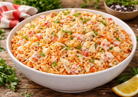 Мгновенный салат «Гость на пороге» с яйцами, крабовыми палочками и корейской морковью — беспроигрышный рецепт