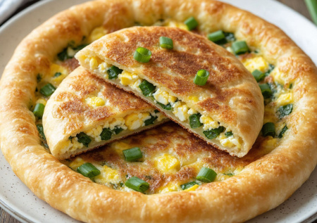 Вместо пиццы — лепёшка с яйцом и зелёным луком. Быстрый завтрак на сковородке за 15 минут