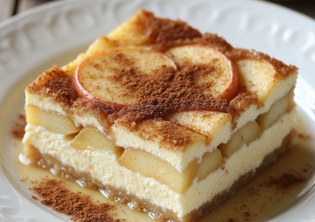 Нарезаю яблоки, заливаю яично-сливочной смесью, посыпаю корицей. Десертная запеканка на сковороде готова